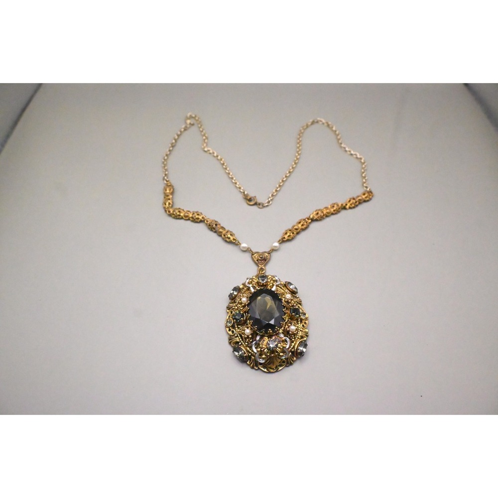Vintage West Germany Pendant Necklace Green Cabochon Filigree Victorian Revival